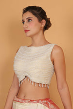 Thumbnail for Joban Fashion Silk Pearl And Beads Hand Embroidery Padded Blouse - White