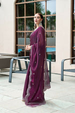 Thumbnail for Vastranavya Wine Embroidery Work Shimmer Chiffon Saree with Unstitched Blouse
