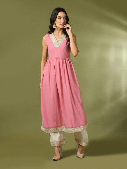 Myshka Women's Pink Solid Georgette Anarkali Party Kurta Set - Distacart