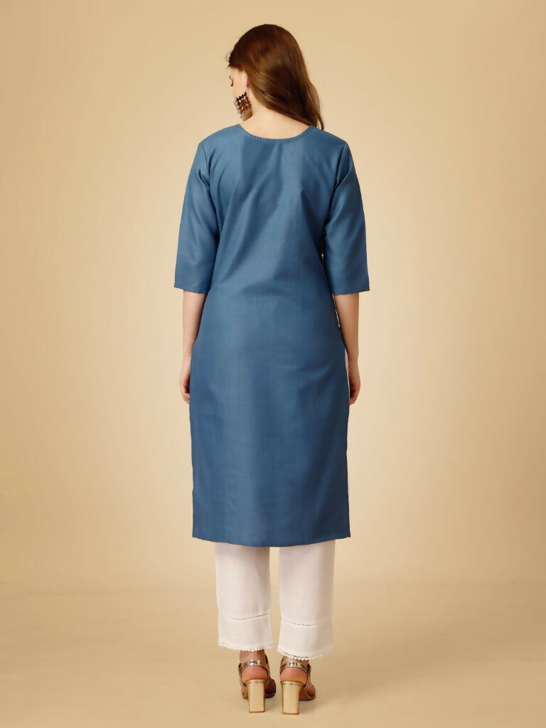 Jyoti Fashion Women's Denim Blue Cotton Blend Embroidered Kurta Pant Set - Distacart