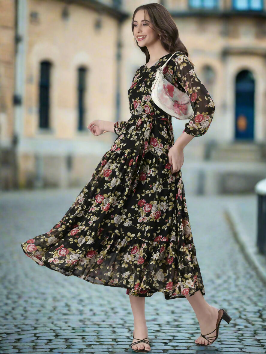Souchii Black Floral Chiffon Dress