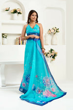 Thumbnail for Joban Fashion Turquoise  Floral Linen Ready To Wear Saree With Unstitched Blouse - Distacart