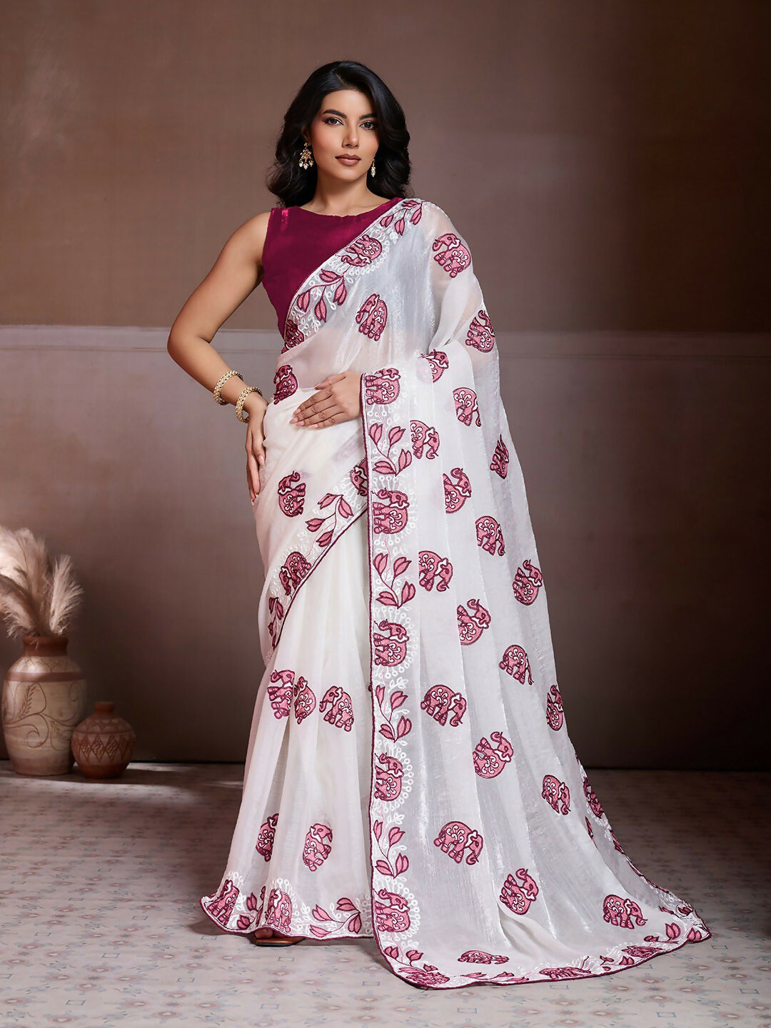 Teeya Creation Womens New Fancy Trending Party Wear Fendy Chiffon Saree-White - Dista