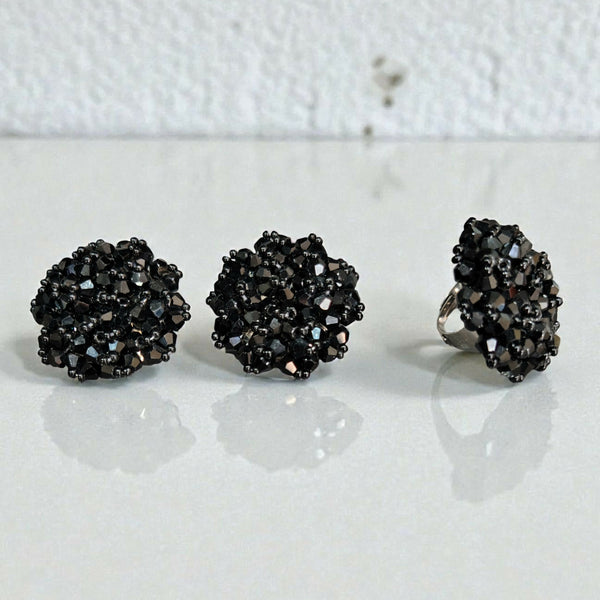 Inhanns Rangmani Crystal Duo – Adjustable Ring + Statement Earrings Set - Black - Distacart