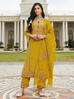 Thumbnail for Anaita Mustard Cotton Stitched Suit with Embroidery Viscose Multi Thread Work - Distacart
