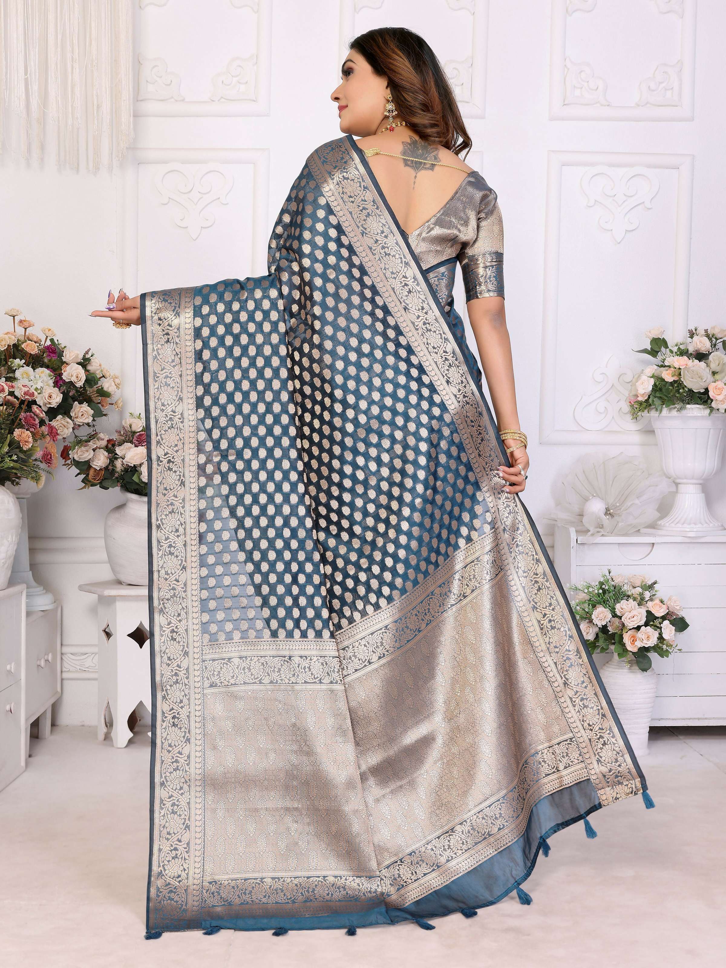 Aastha Fashion Teal Organza Silk Weaving Saree - Distacart