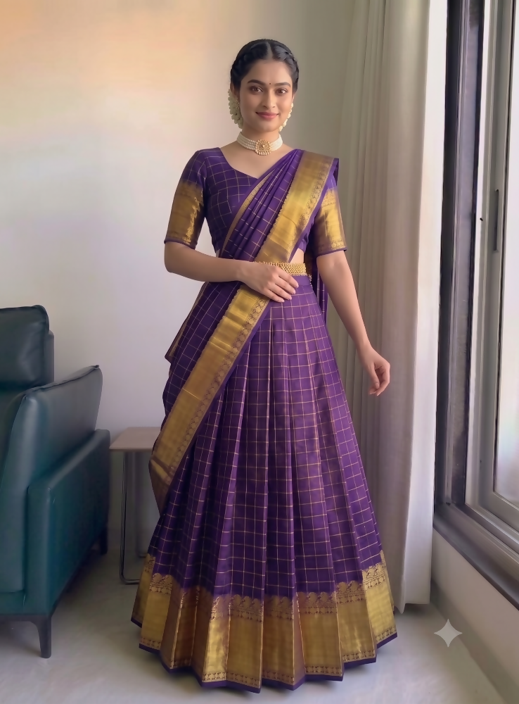 Teeya Creation Elegant Wine Red Checkered Silk Lehenga Choli with Traditional Zari Work - Dista