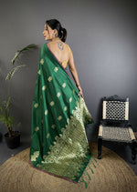 Thumbnail for Joban Fashion Dark Green Banarasi Lichi Silk Gold Zari Meena Saree