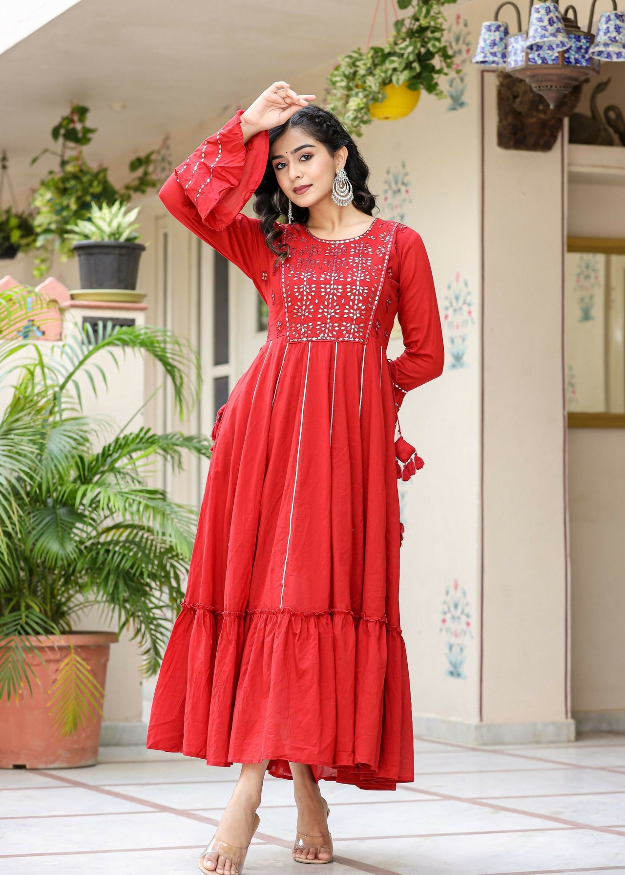 Kaajh Women's Red Mirror Embroidered Cotton Ethnic Dress - Distacart