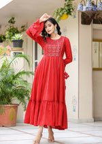 Thumbnail for Kaajh Women's Red Mirror Embroidered Cotton Ethnic Dress - Distacart