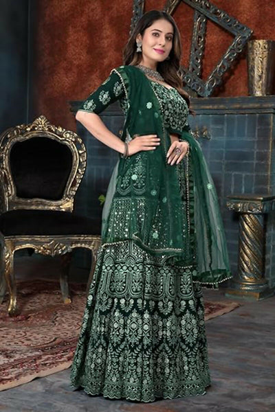 Jyoti Fashion Beautiful Bottle Green Faux Georgette 3MM Sequins with Thread & Jari Embroidery Lehenga Choli with Dupatta - Distacart