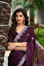 Thumbnail for Vastranavya Wine Embroidery Work Shimmer Chiffon Saree with Unstitched Blouse