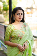 Thumbnail for Green Pure Linen Ethnic Motifs Saree with Unstitched Blouse - A2M