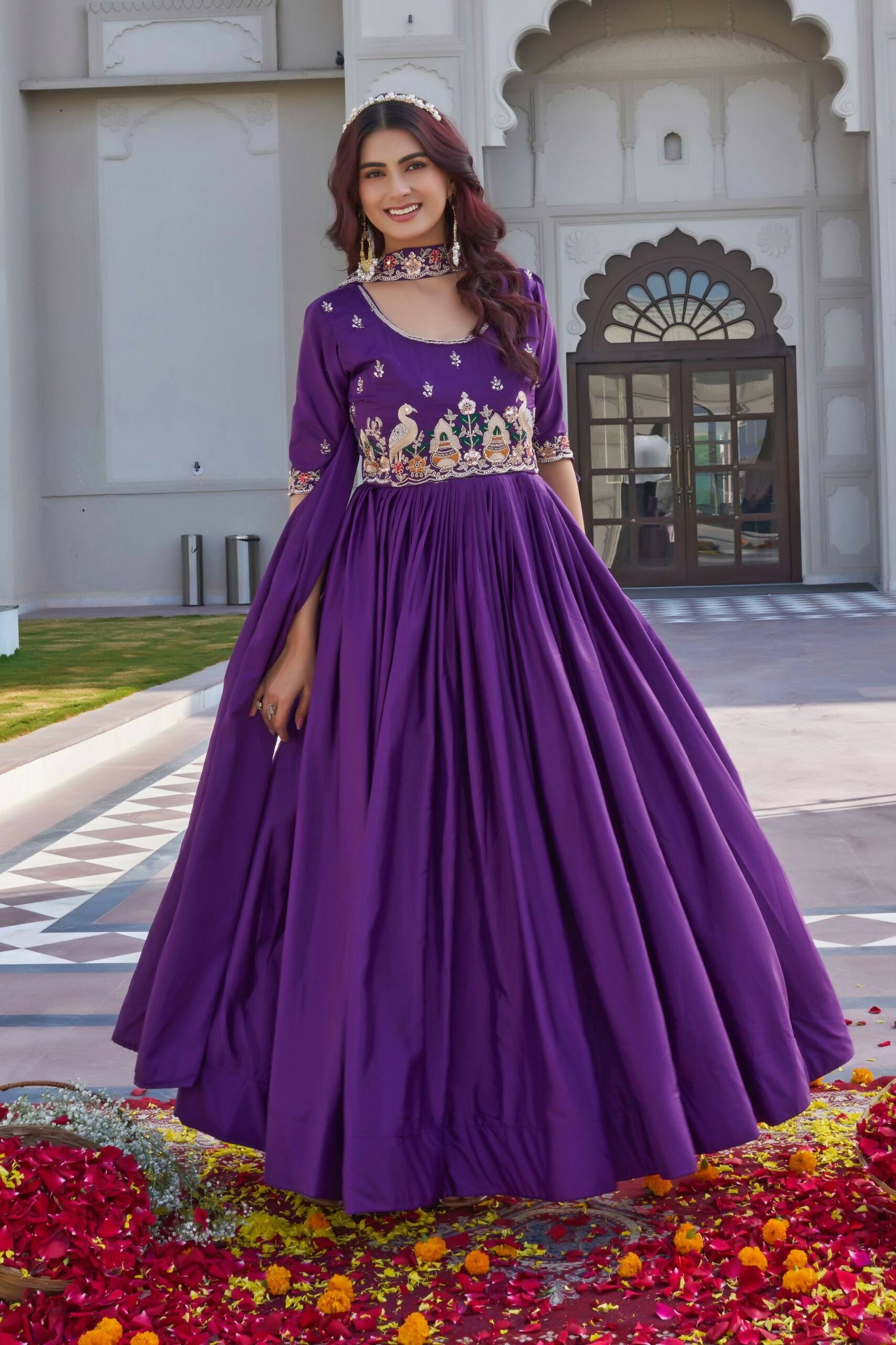 Teeya Creation Womens New Trendy Heavy Cording Sequence & Beads Embroidery Work Purple Gown Set - Dista