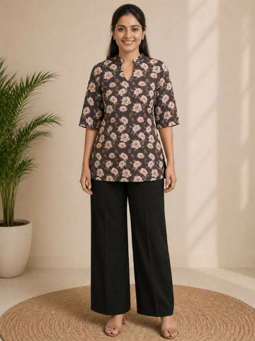Teeya Creation Women Coffee Brown & Peach Floral Printed Cotton Kurti with Black Wide-Leg Palazzo Set - Dista