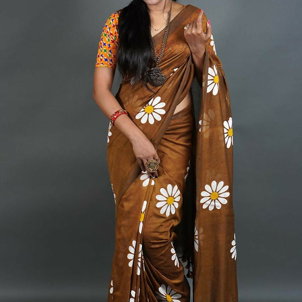 Exclusive Collection Brown Pure Cotton Saree With Sunflower Design