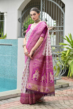 Thumbnail for Vishnu Weaves Women's Magenta Banarasi Silk Patola Zari Woven Saree with Blouse
