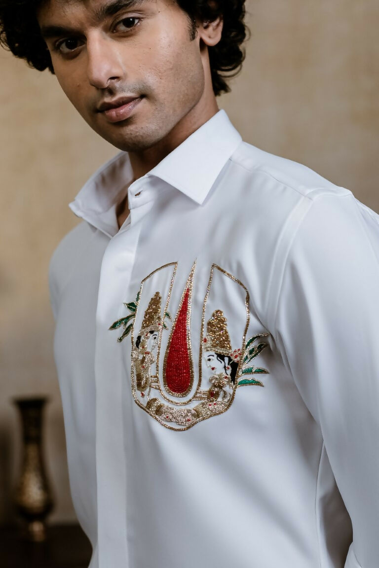British White Sri Vari Sutra Shirt By Hilo Design