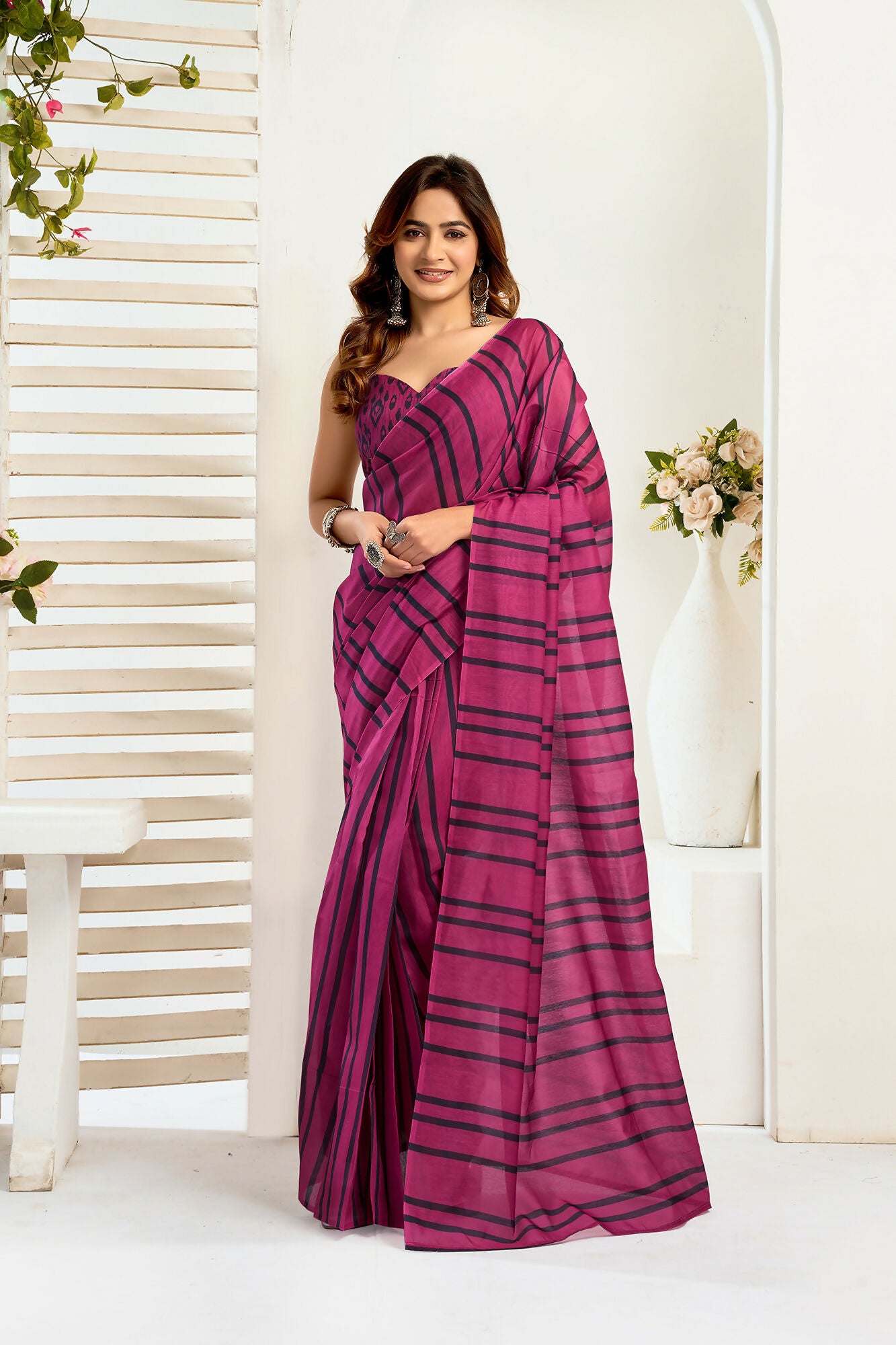 Vastranavya Magenta Digital Printed Linen Ready To Wear Designer Saree with Unstitched Blouse - Distacart