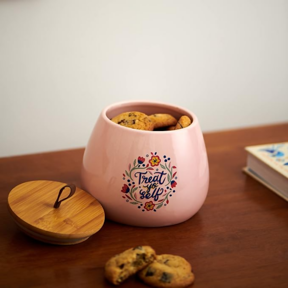 Chumbak Pink Ceramic Storage Jar with Wooden Lid - Dista