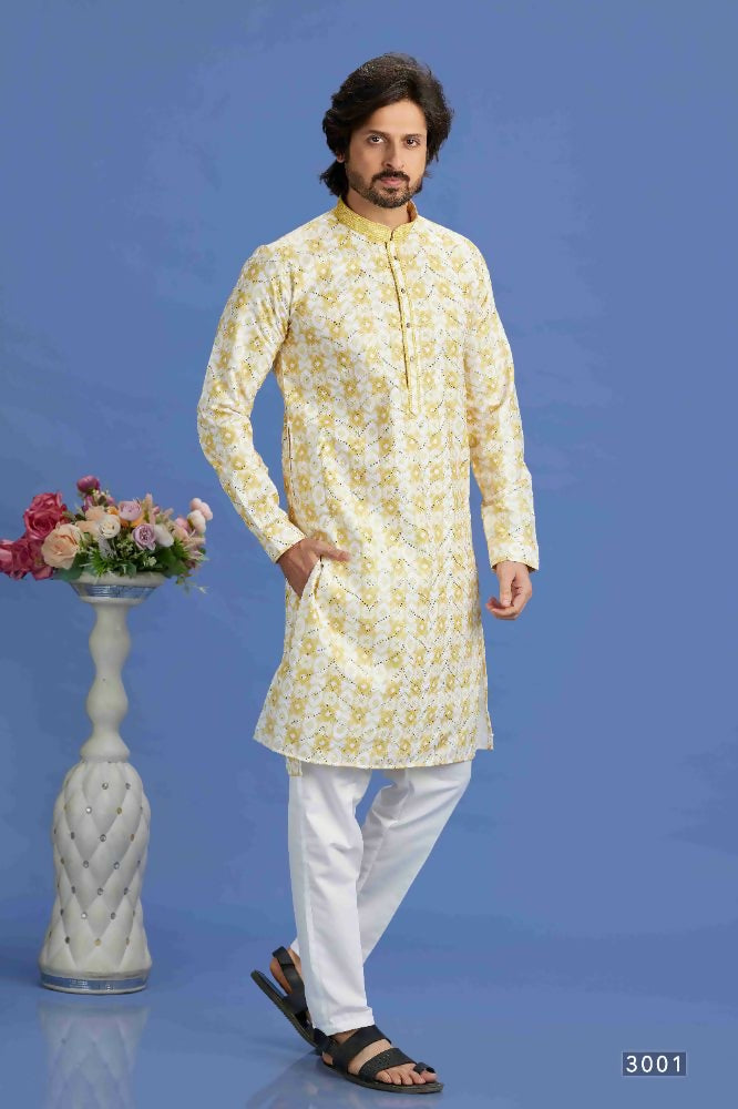 Raivat Ethnic Cotton Embroidery Kurta Pajama In Yellow Colour - Dista