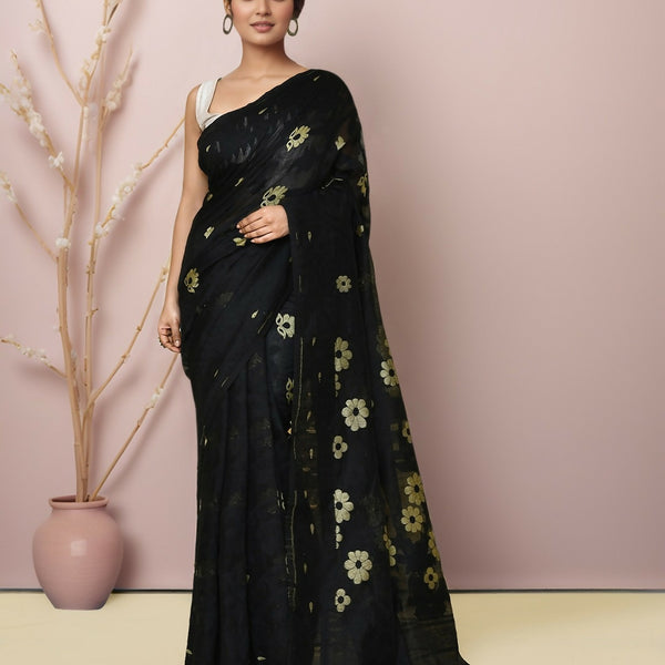 Joban Fashion Black Cotton Blend Jamdani Saree - Dista