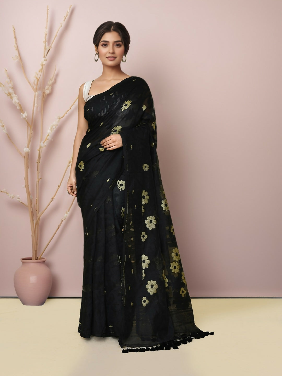 Joban Fashion Black Cotton Blend Jamdani Saree - Dista