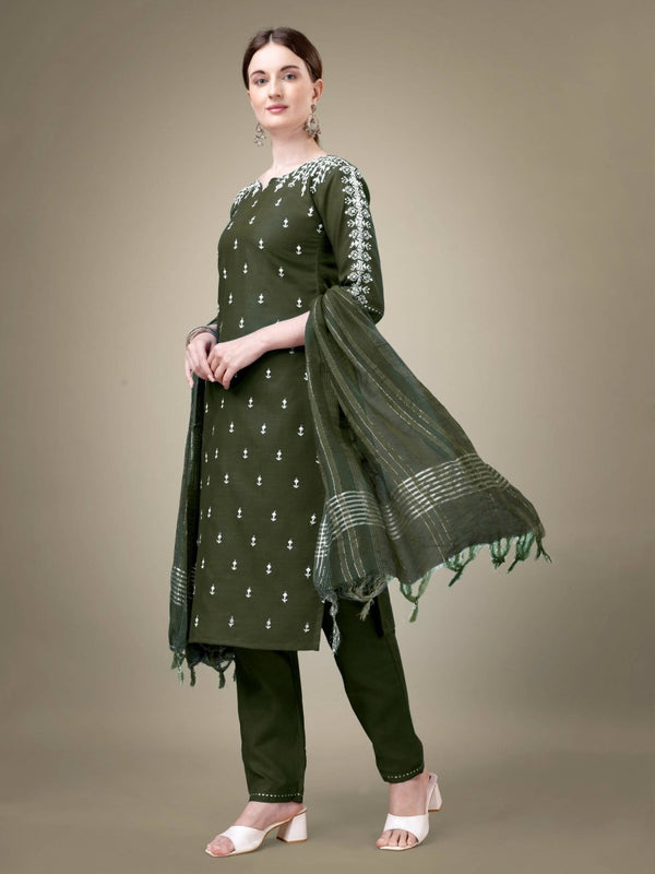 Aastha Fashion Women's Dark Green Cotton Blend Embroidery & Sequence Work Kurta with Trouser & Dupatta - Distacart
