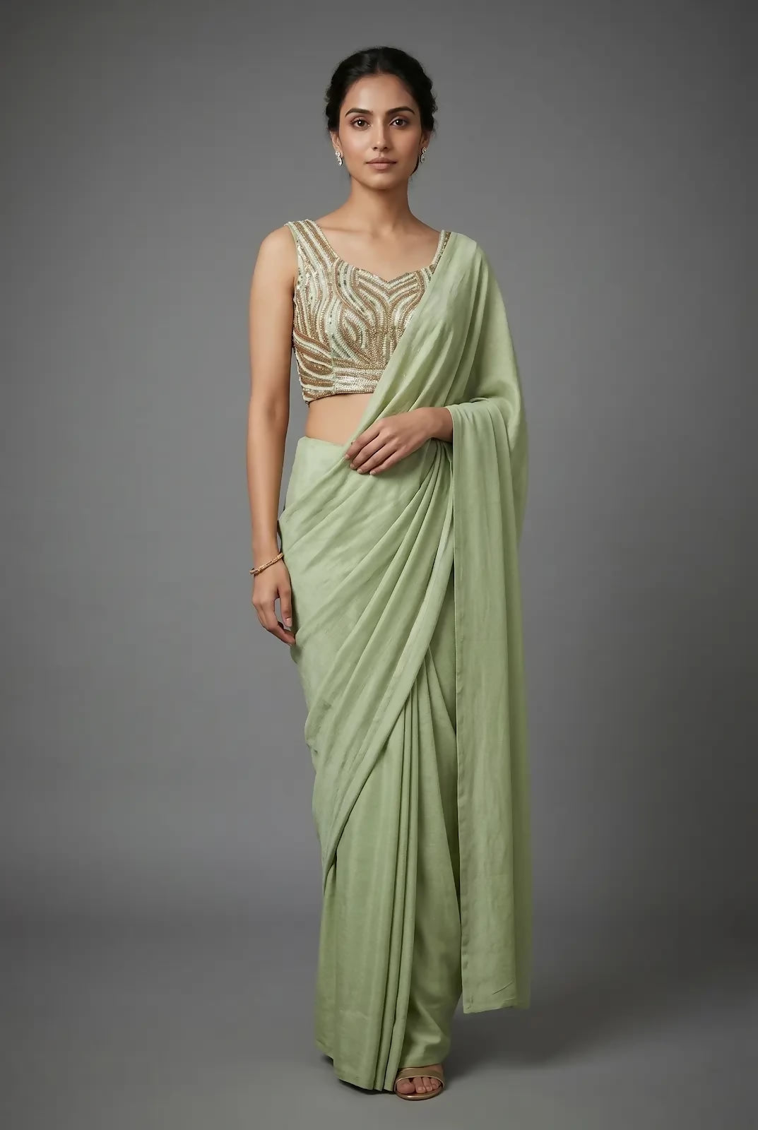 Creative Kendra Pista Beads Work Shiny Georgette Partywear Saree With Full Of Beads Work Blouse Fabric