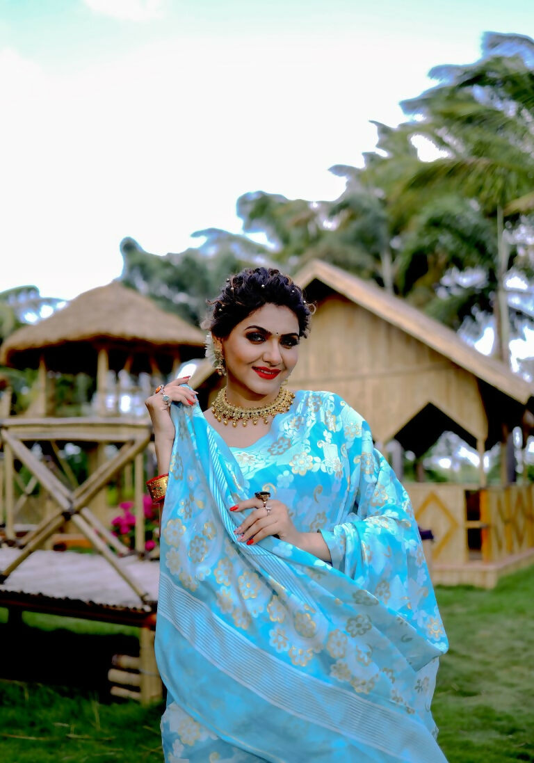 Partywear Designer Sky Blue Jamdani contton Fancy Saree - Starwalk - Distacart