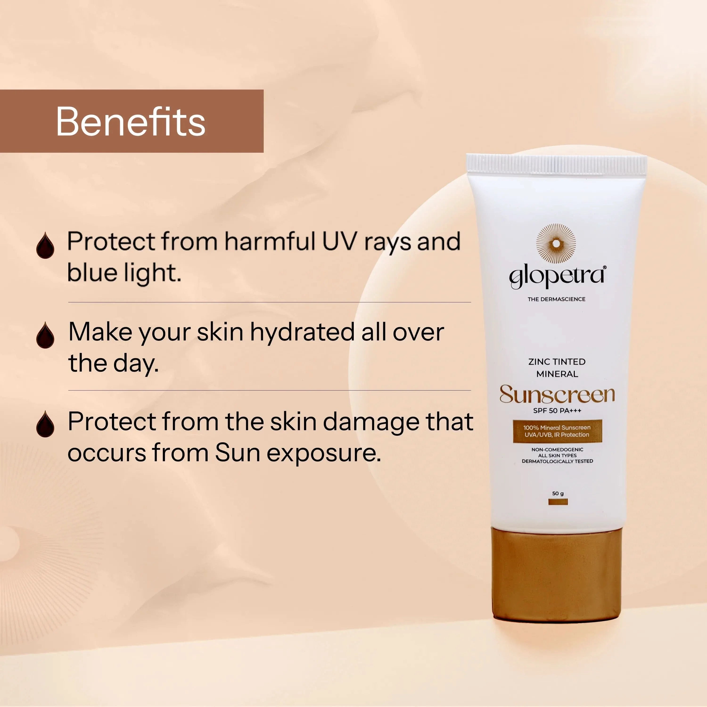 Glopetra Zinc Tinted Mineral Sunscreen Spf 50 Pa+++ - Dista