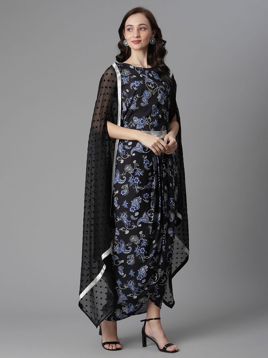 Ahalyaa Women's Black Crepe Digital Print Top Skirt With Shrug - Distacart