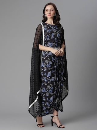 Ahalyaa Women's Black Crepe Digital Print Top Skirt With Shrug - Distacart