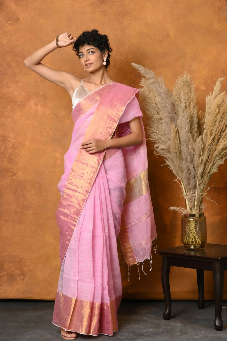 Very Much Indian Handloom Pure Cotton Linen Saree With Golden Border - Pink - Distacart