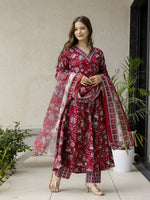 Thumbnail for The52 Maroon Women's Gorgeous Rayon Fabric Printed Work Flared Kurta, Pant and Dupatta Set - Distacart