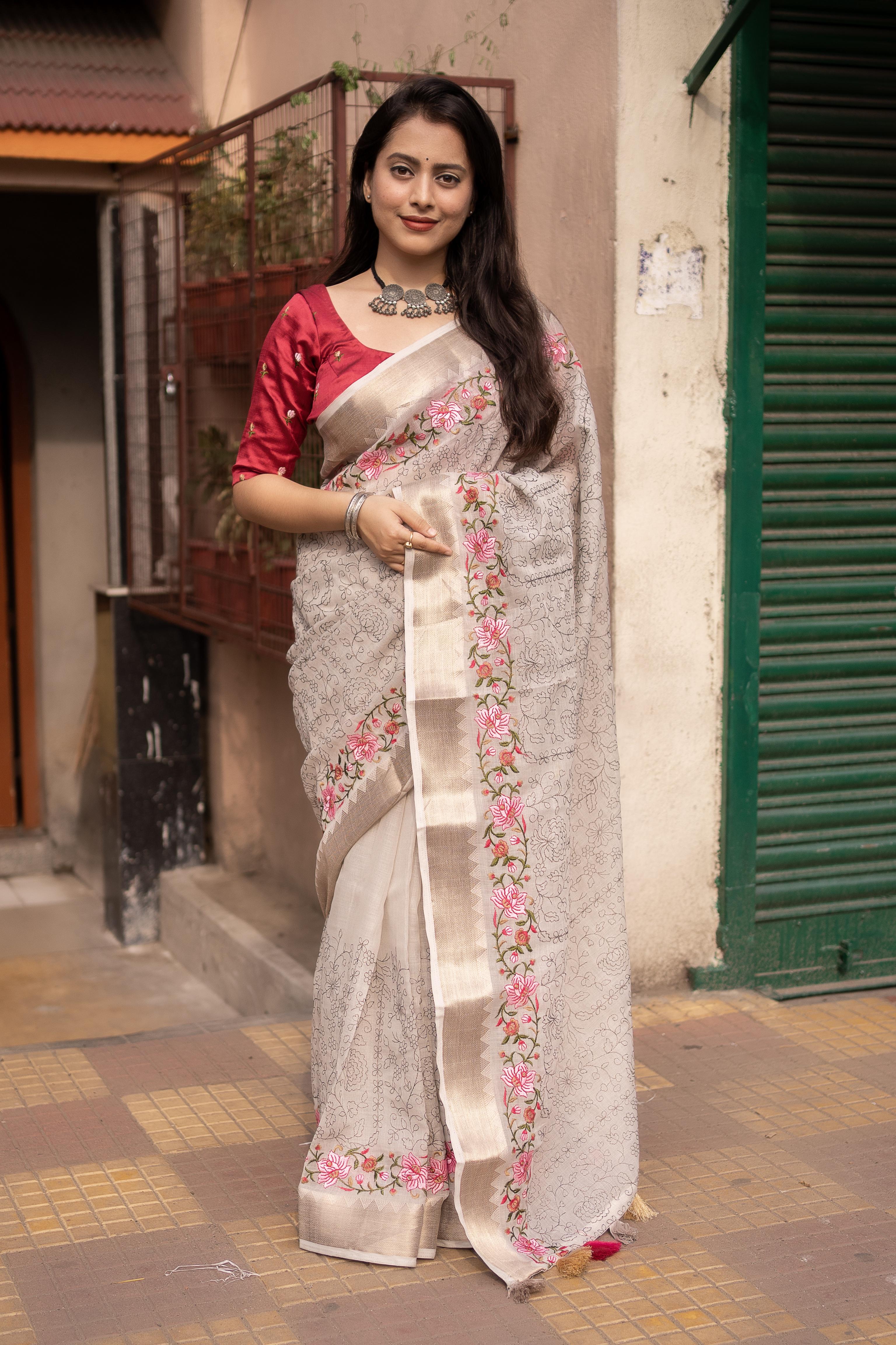 Grey Pure Linen Woven Design Saree with Unstitched Blouse - A2M - Distacart