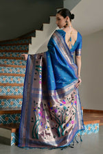 Thumbnail for Vishnu Weaves Women's Rama Paithani Silk Zari Woven Saree with Blouse