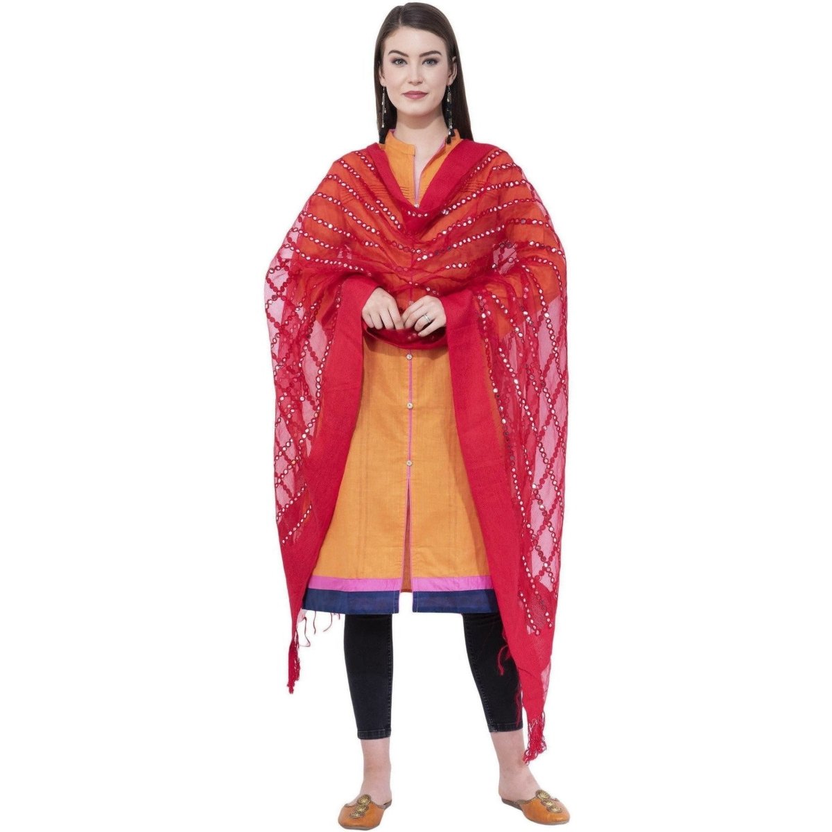 A R Silk Women's Mirror Work Orgenza Cotton Red Dupattas and Chunnis