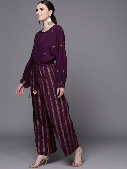 Ahalyaa Purple & Golden Printed Basic Jumpsuit - Distacart