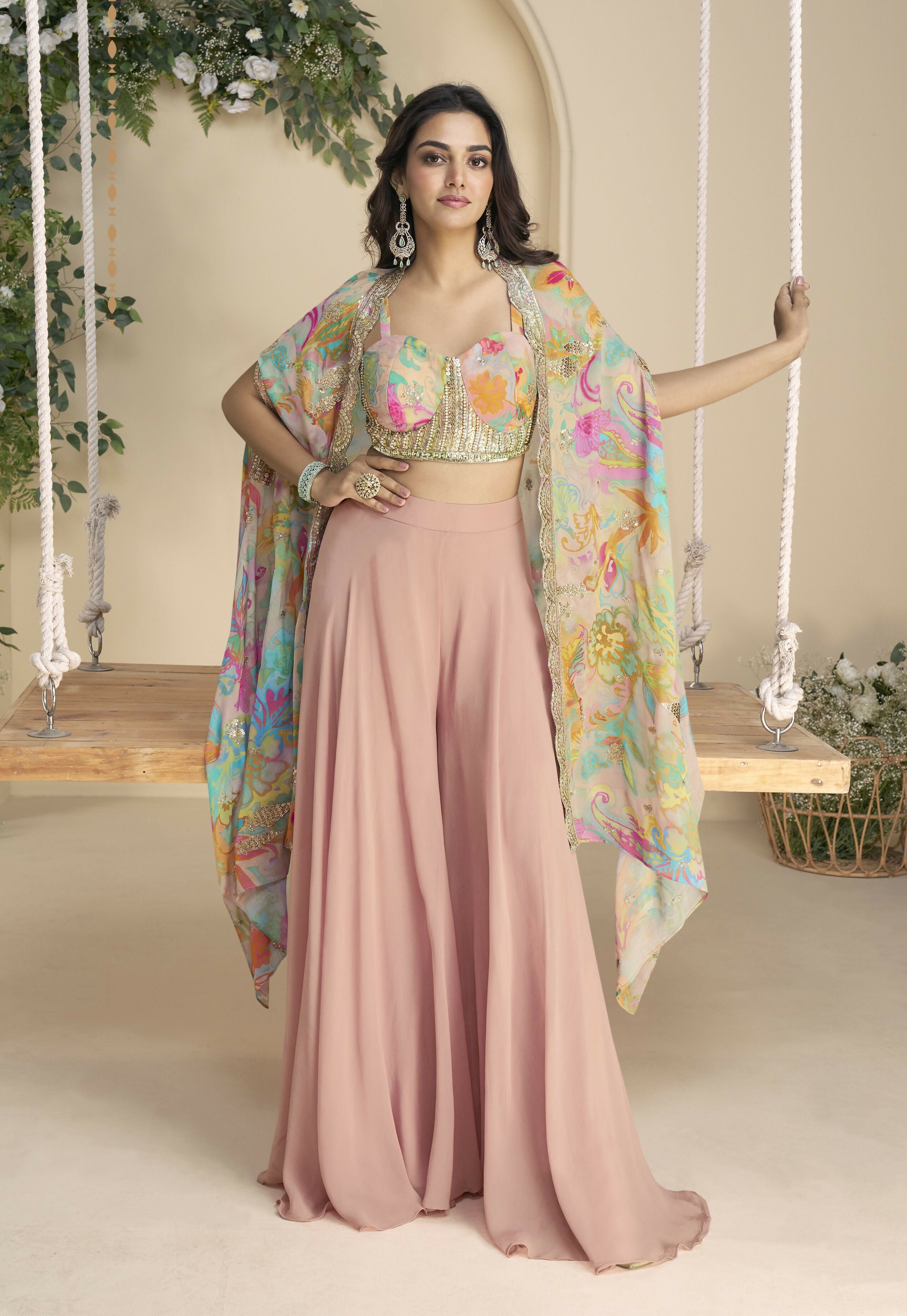 Anaita Pink Chinon Readymade Shrug Suit with Embroidery Sequence Work - Distacart