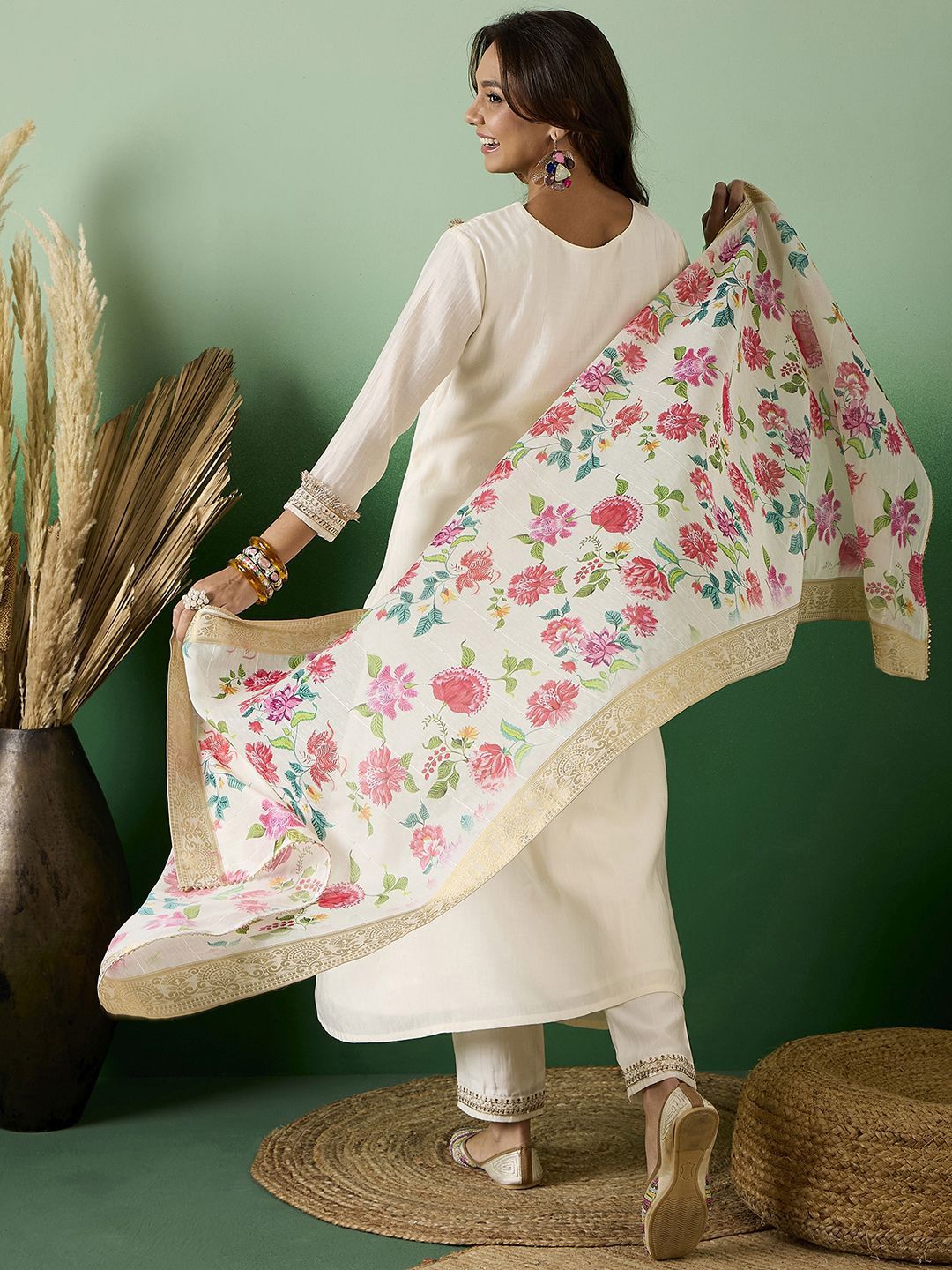 Sangria Embroidered A-Line Kurta With Trousers & Dupatta