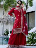 Thumbnail for The52 Red Women's Gorgeous Embroidered Vichitra Silk Fabric Straight Kurta, Sharara and Dupatta Set - Distacart