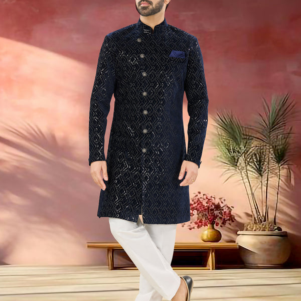 Joban Fashion Men's Blue Base Straight Velvet Thread And Sequence Embroidary All Over Indo-Western Kurta Set - Distacart