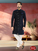 Thumbnail for Joban Fashion Men's Blue Base Straight Velvet Thread And Sequence Embroidary All Over Indo-Western Kurta Set - Distacart