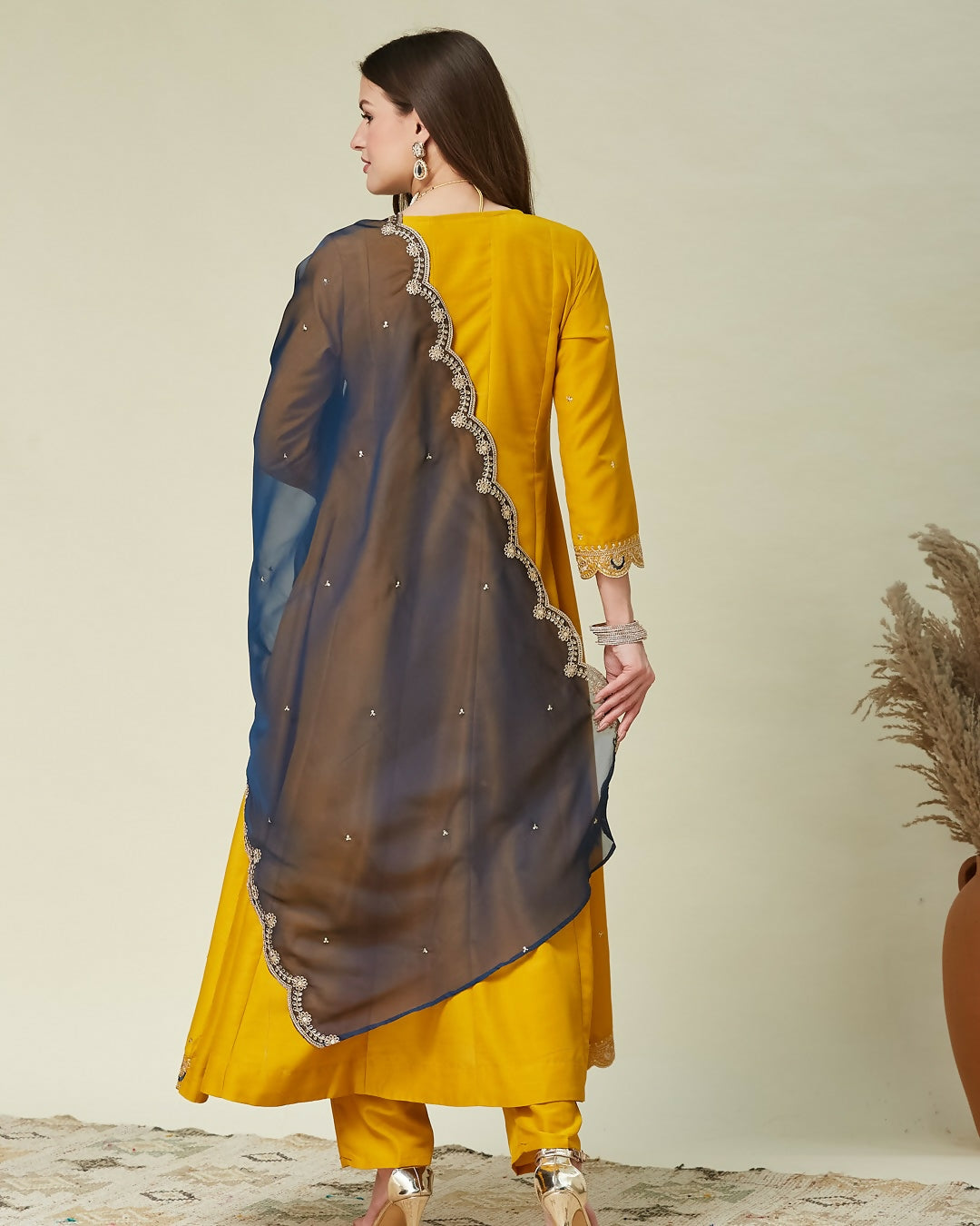 The52 Women's Beautiful Vichitra Fabric Embroidery Work Flared Anarkali Pant and Dupatta Set - Distacart