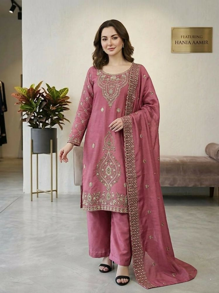 Teeya Creation Pink Color Gimmychu Silk Embroidery Work Wedding Wear Salwar Suit - Distacart