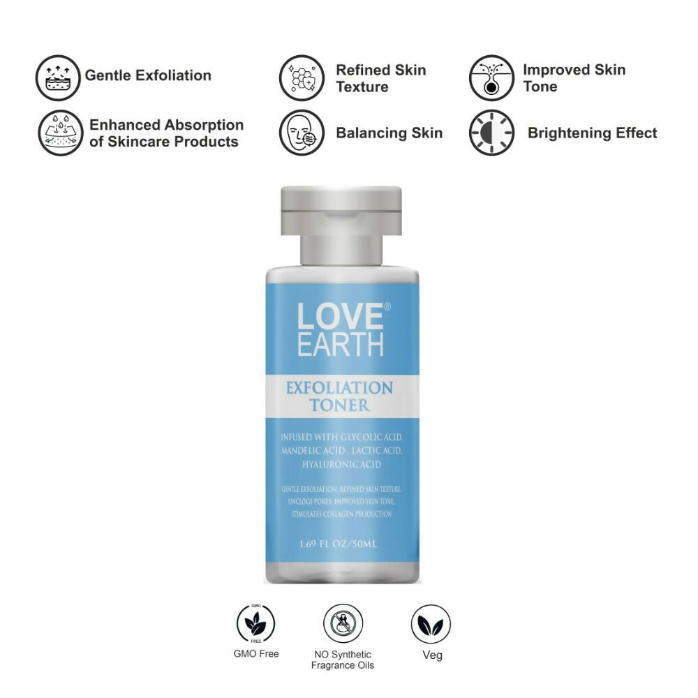 Love Earth Exfoliation Toner Infused With Glycolic Acid, Mandelic Acid, Lactic Acid, Hyaluronic Acid - Distacart