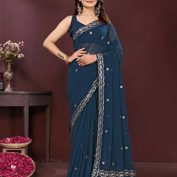 Ai Fashion Teal Soft Georgette Embroidery Party Wear Saree - Distacart