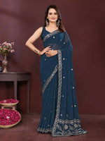 Thumbnail for Ai Fashion Teal Soft Georgette Embroidery Party Wear Saree
