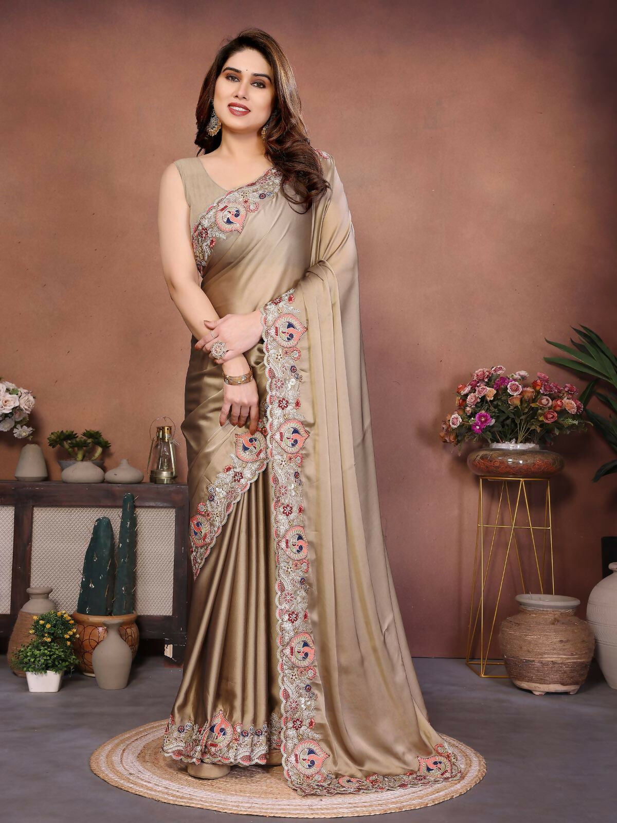 Teeya Creation New Trendy Party Wear Soft Silk Saree-Brown - Dista